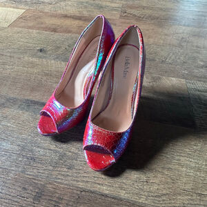 Women's Bella Marie Red Purple Snake Print Peep Toe Heels Size 9